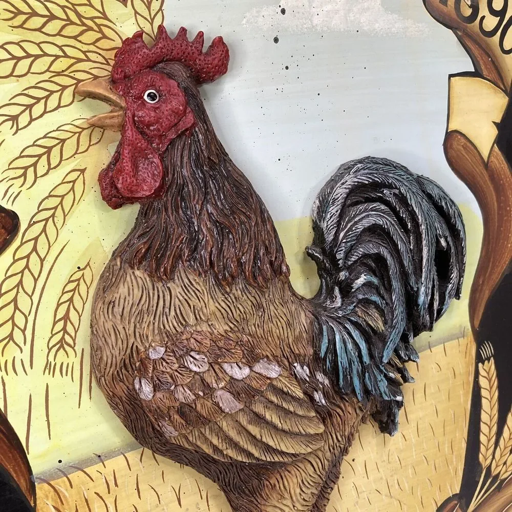 Vtg Large Wood Rooster Chicken Picture Plaque w‎ Raised Resin Rooster 26.5x17